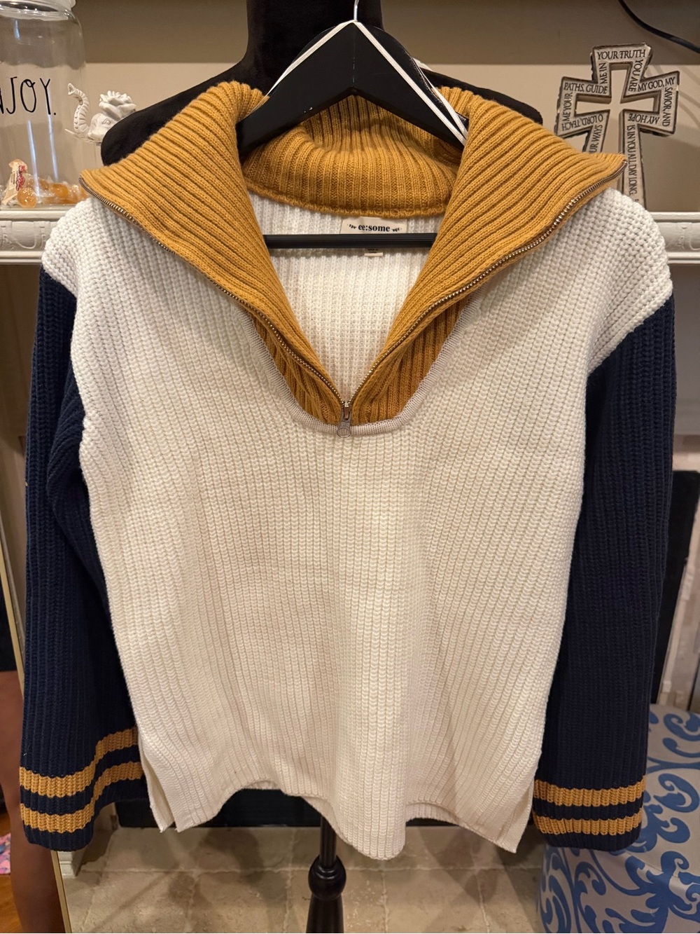 eesome Colorblock Half-Zip Sweater in White, Navy & Mustard New without tags